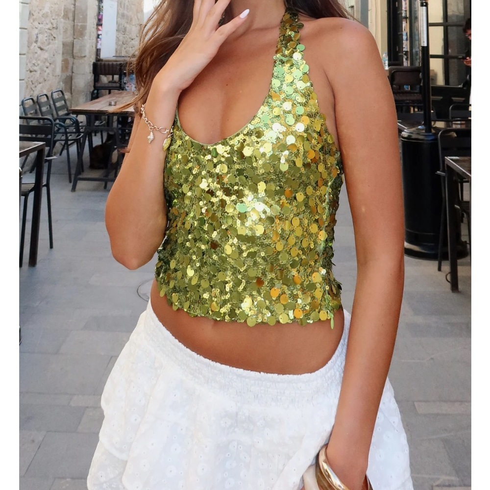 Just Over You Sequin Halter Top Kiwi Green